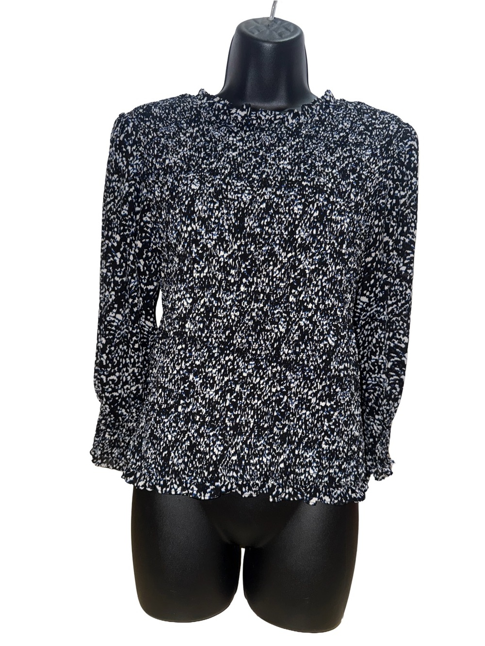 Express Black & White Printed Long-Sleeve Smocked Blouse